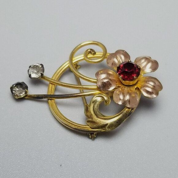 Vintage Van Dell 12k Gold Filled Red Rhinestone Flower Brooch Lapel Pin, Estate - Picture 3 of 8